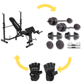 COMPACT START PACK - Banca Multifunctionala + Set Gantere si Haltere 38 kg + Manusi Premium